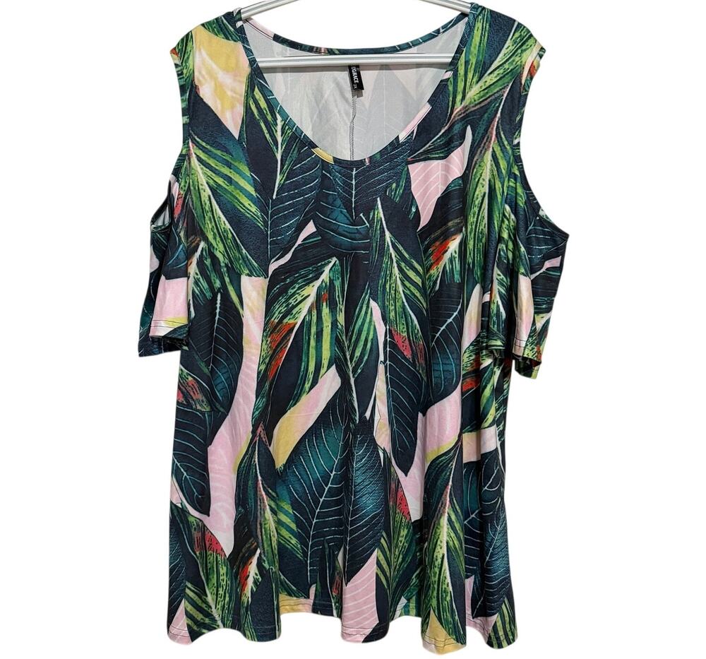 Allegrace Women's Cold Shoulder Green Pink Tropical Blouse Size 2X